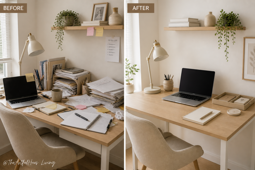 Before and after small home office desk organization