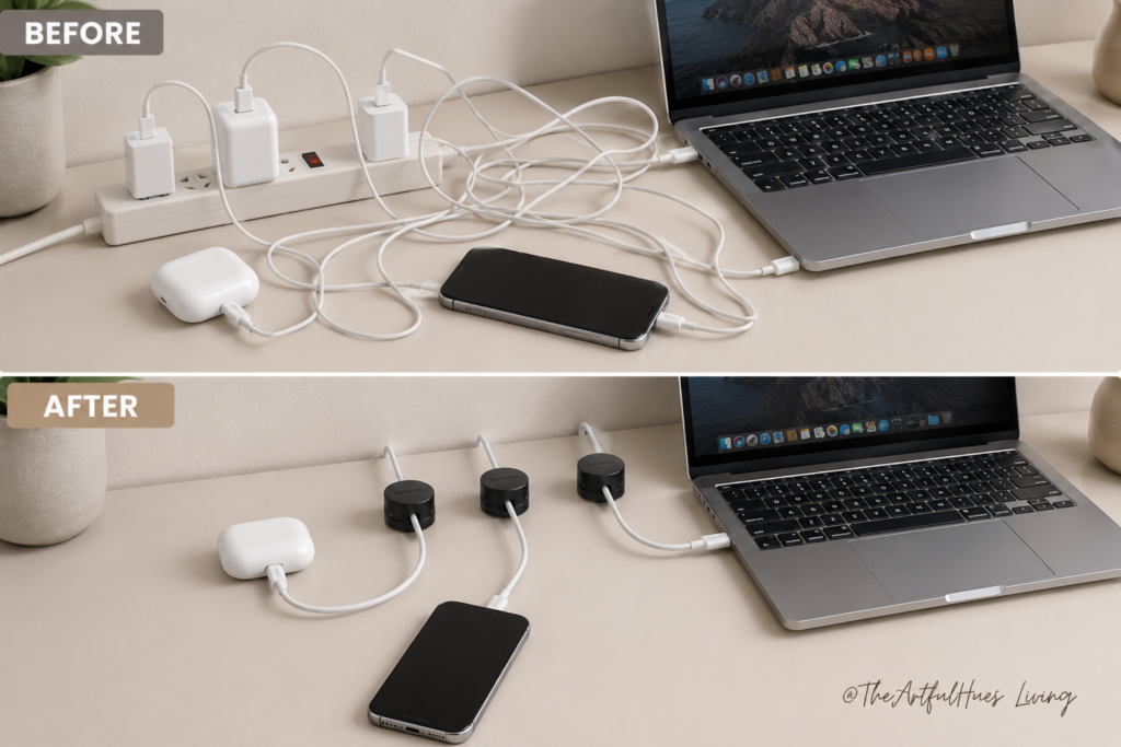 Before and after cable clips management ideas for a cleaner home office desk