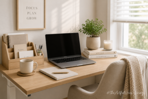 Small home office desk setup with neutral decor, laptop, desk organizer and productivity essentials. Home office essentials