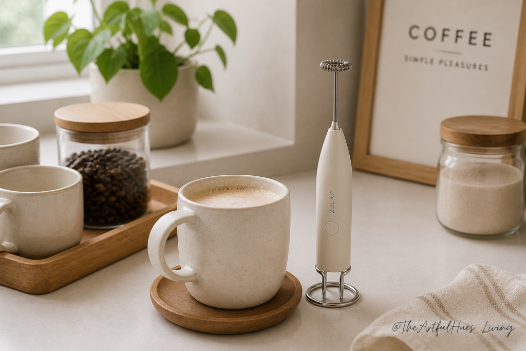 Handheld milk frother beside a mug of frothy coffee in a minimalist kitchen setup.