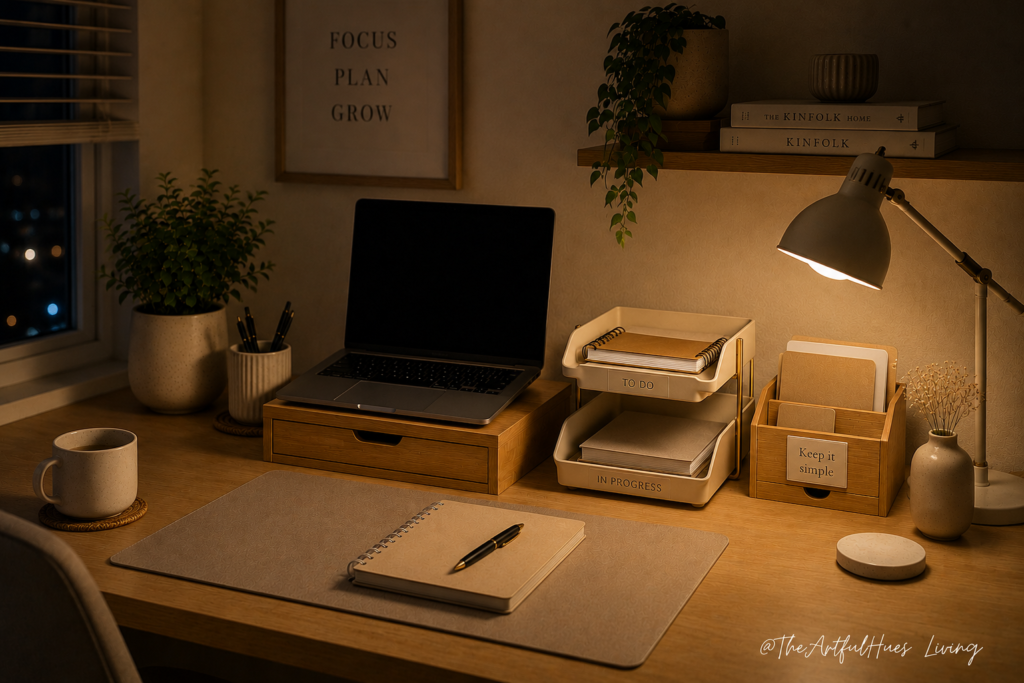 Organized home office corner with storage baskets and file trays for a clutter-free workspace.