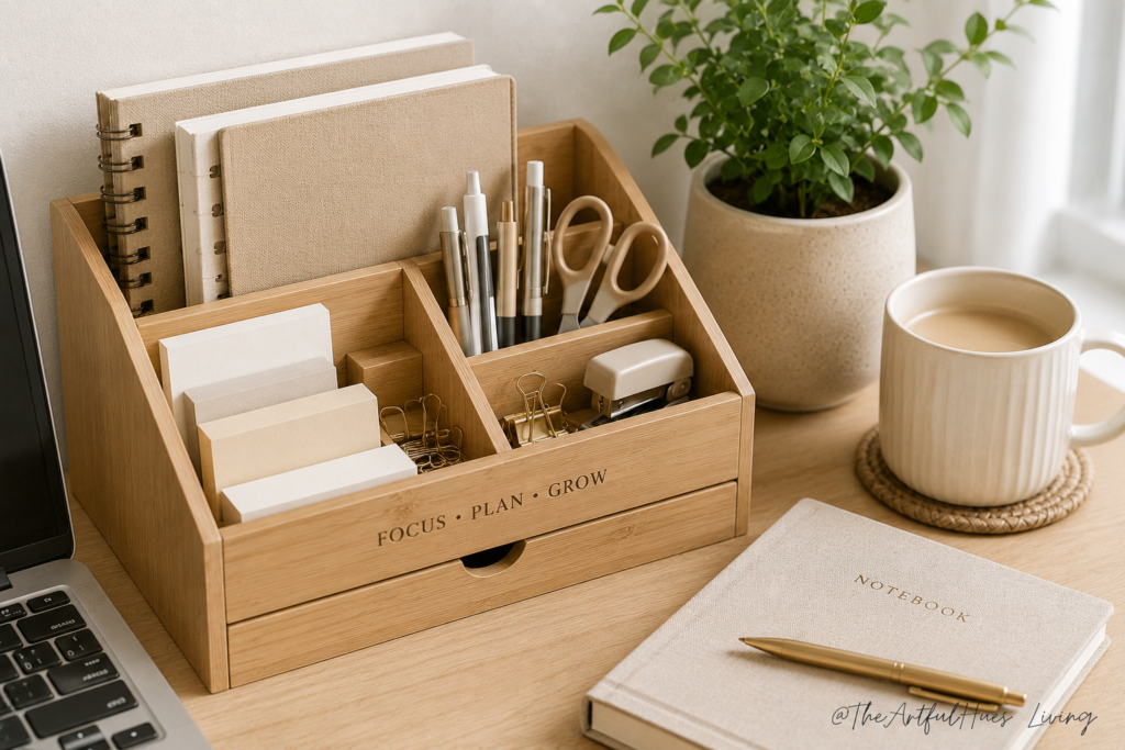 Tidy desk organizer with the home office essentials such as pens, notes and small office supplies for a clutter-free home office. 