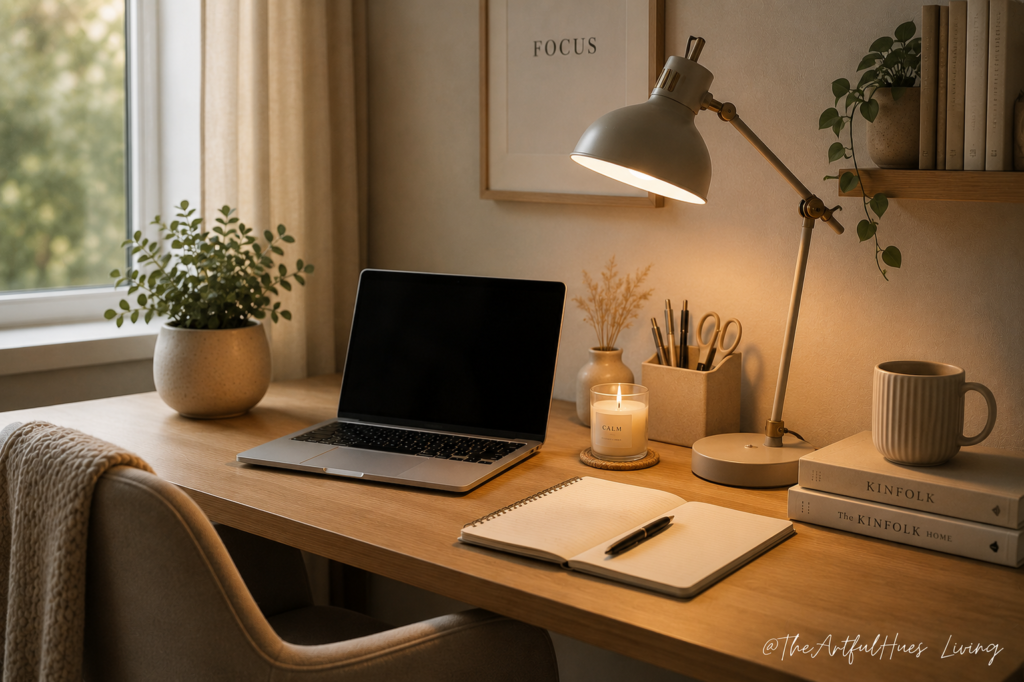 Modern desk lamp on a cozy home office desk for better work-from-home lighting.