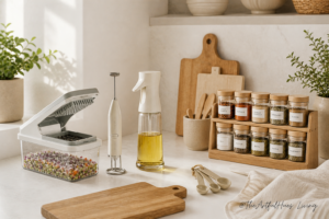 Modern neutral kitchen countertop with practical kitchen gadgets including a veggie chopper, milk frother, spray oil bottle, spice rack, and cutting board.