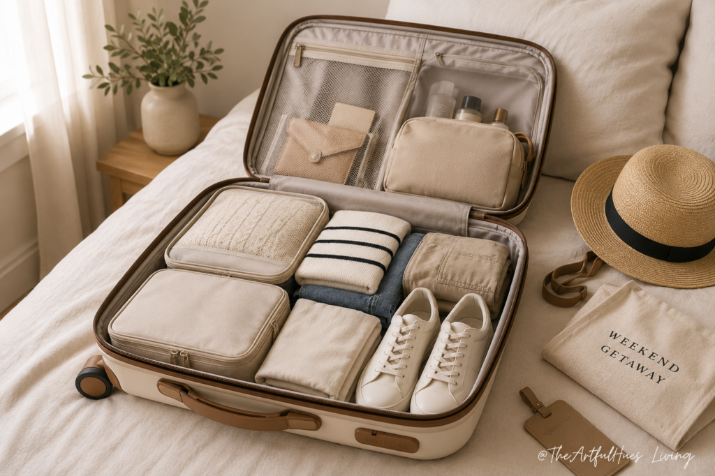 Neatly packed carry-on suitcase with travel essentials for a short trip
