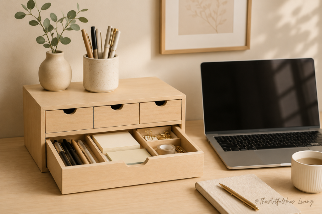 Desktop drawers used as a small desk storage solution for office supplies