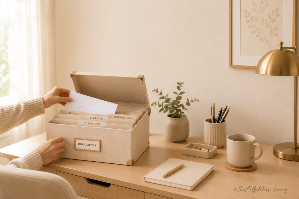 Document box used to organise bills, receipts and paperwork for small desk storage