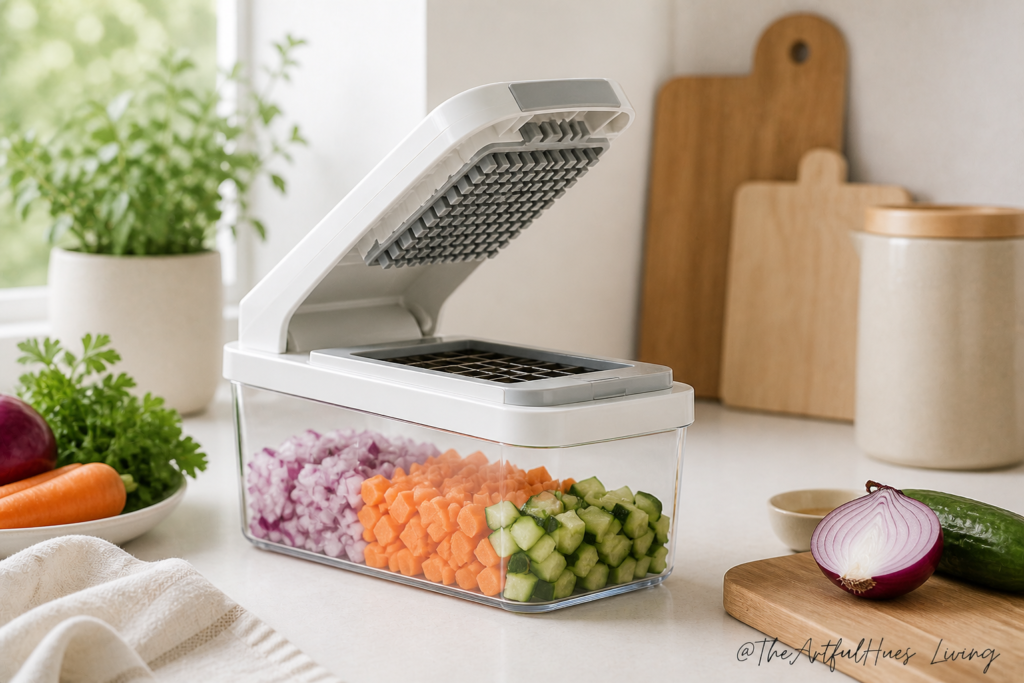 Manual veggie chopper filled with chopped vegetables on a clean kitchen counter.