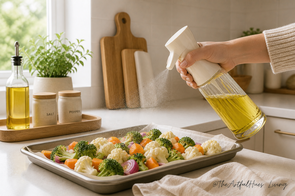 Refillable spray oil bottle being used to coat vegetables on a baking tray.