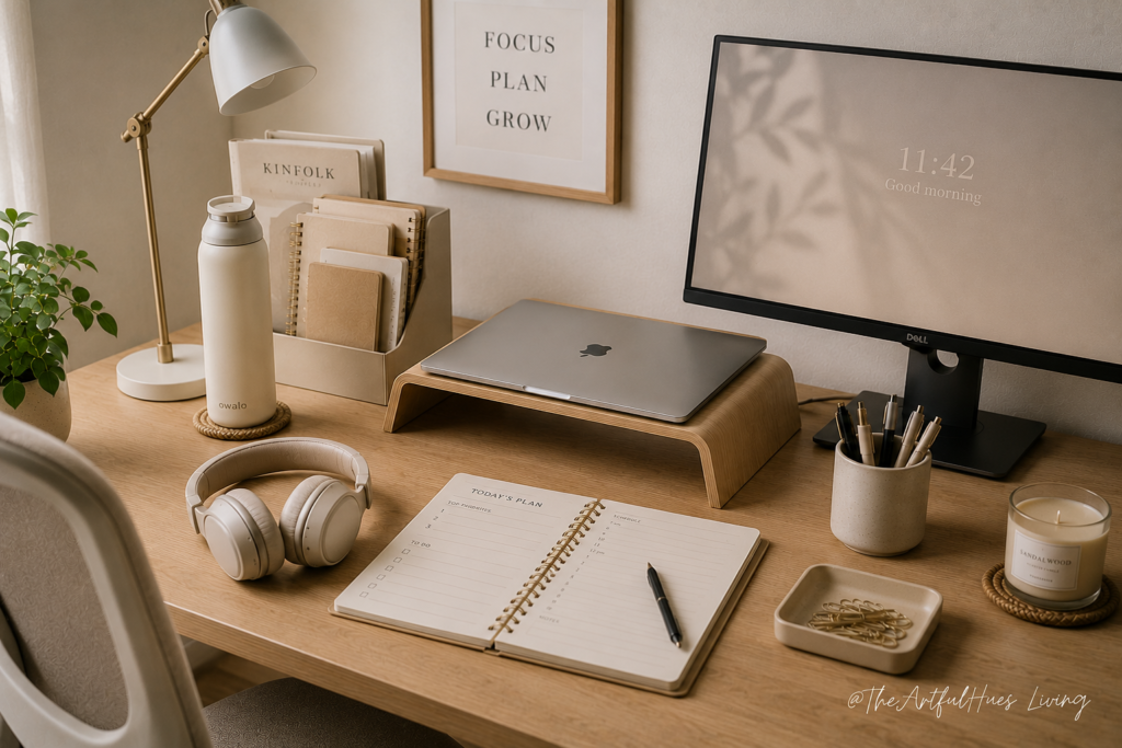 work from home essentials, home office desk with laptop, second screen, noise cancelling headphone, desk lamp