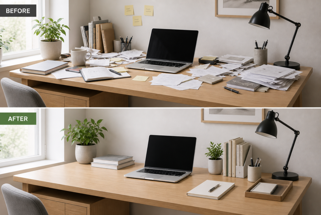 neutral home office desk organisation setup with tidy workspace organised home office desk drawer with stationery and office supplies