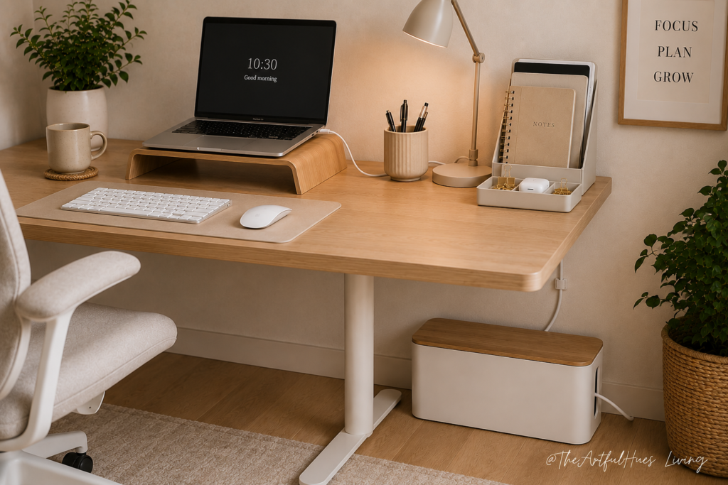 Cable management box hiding power board under home office desk