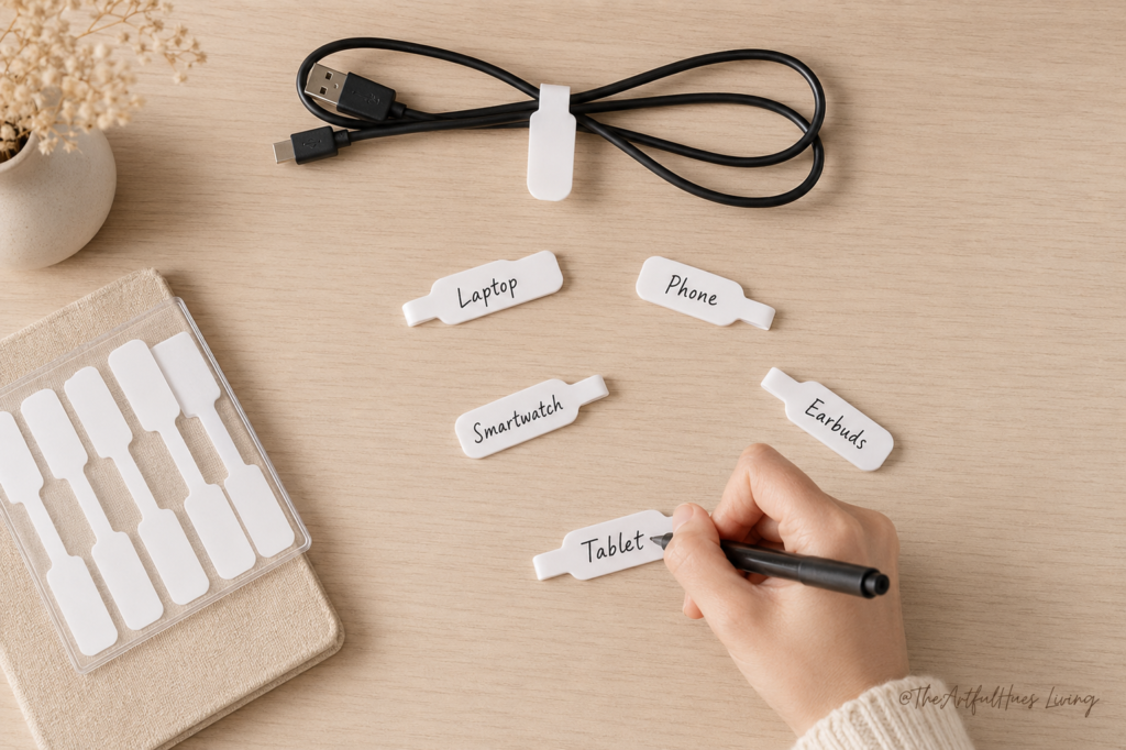 Minimalist desk setup showing labelled white cable tags for laptop, phone, smartwatch, earbuds, and tablet on a light wood desk, with a black cable neatly clipped and organized in soft beige Scandinavian styling.