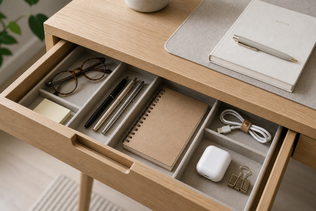 organised home office desk drawer with stationery and office supplies