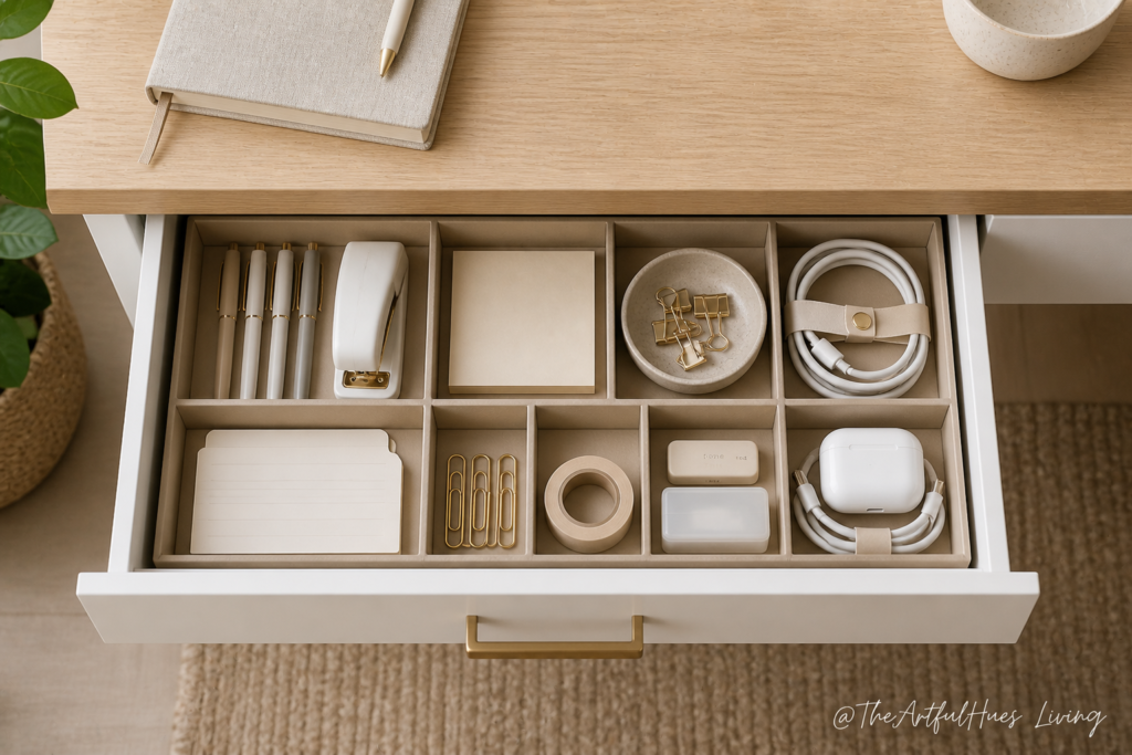 Organized desk drawer with office supplies and drawer dividers