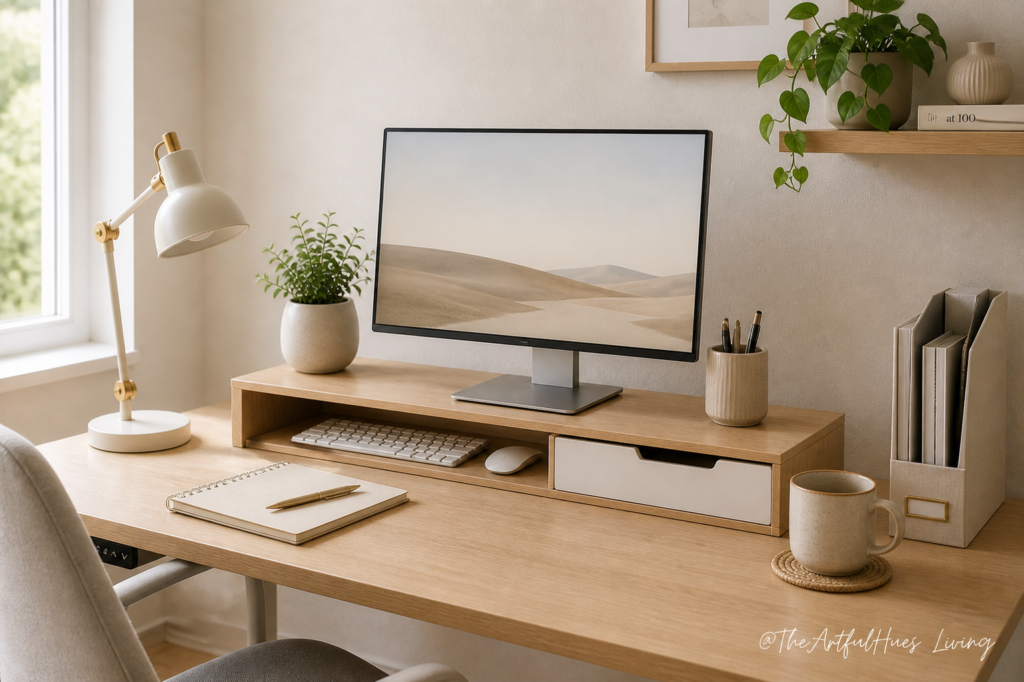 Monitor stand desk organization idea for small workspace