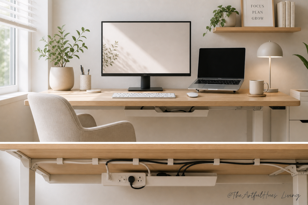 Clean home office setup with cable management tools keeping cords organized under the desk.