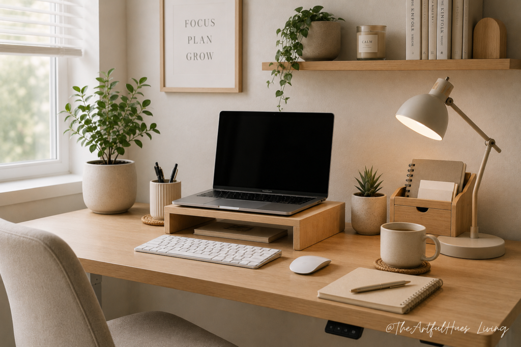 Laptop on a wooden riser with keyboard and mouse for an ergonomic work-from-home setup.