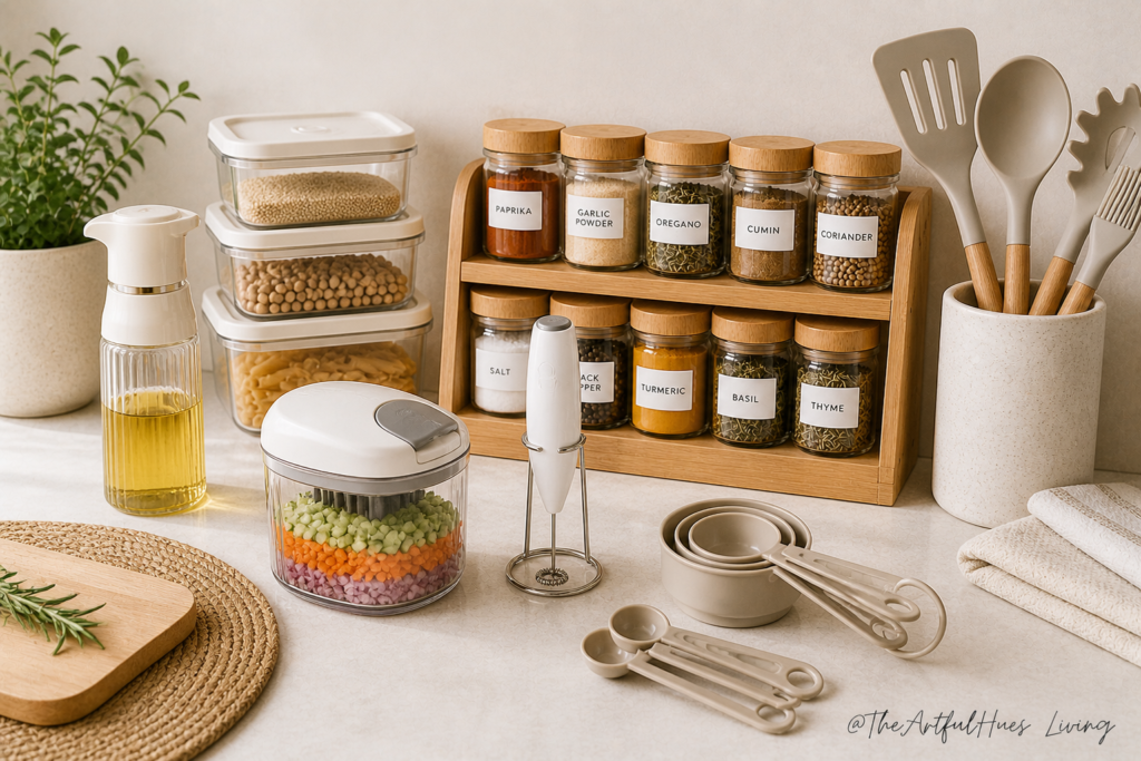 Collection of practical kitchen gadgets arranged neatly in a modern minimalist kitchen.