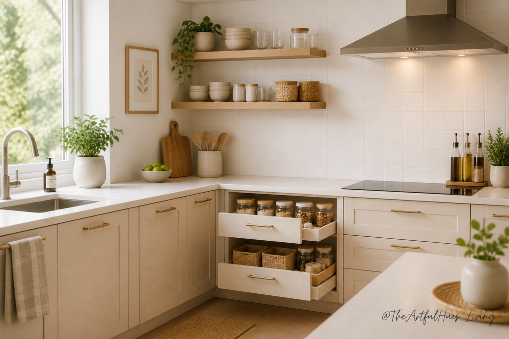 Organised kitchen counter with useful small kitchen gadgets arranged neatly in a minimalist home kitchen.