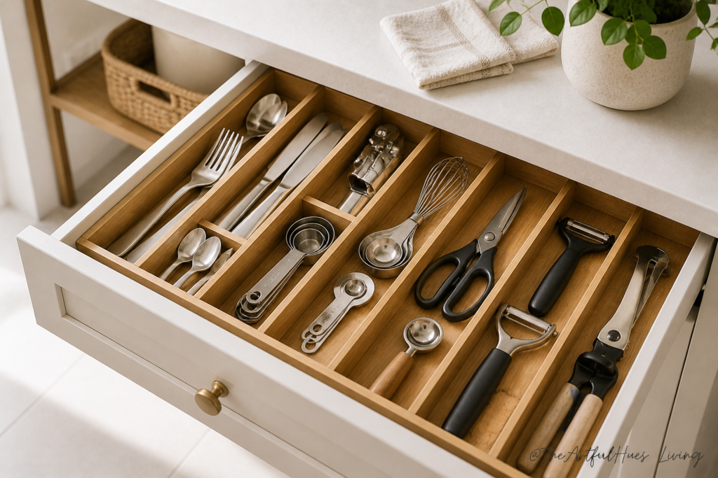 Organised kitchen drawer with utensils and small tools separated into compartments.