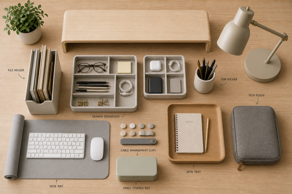 work from home desk essentials flat lay in neutral colours
