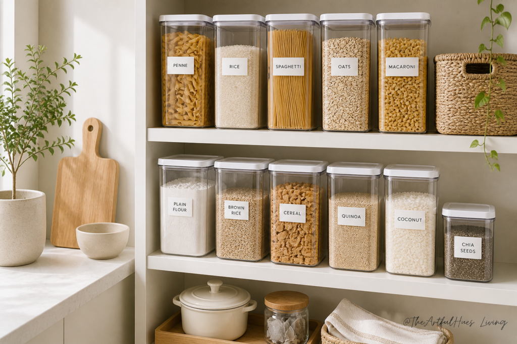 Clear airtight food storage containers neatly arranged with dry pantry staples.