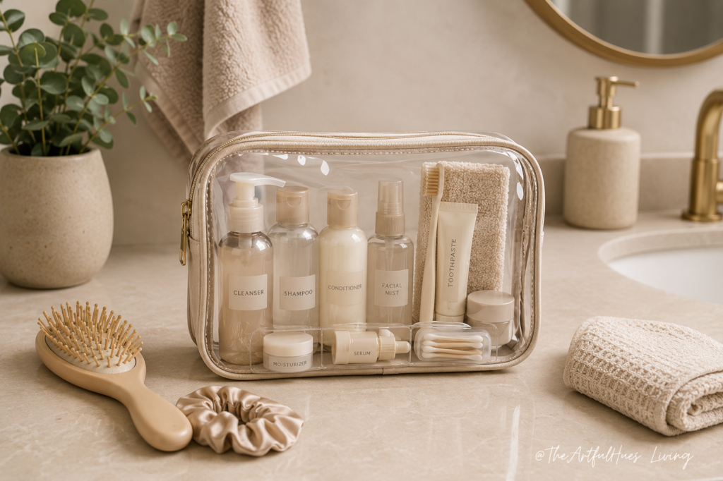 Clear toiletry bag with leak-proof travel bottles for short trips
