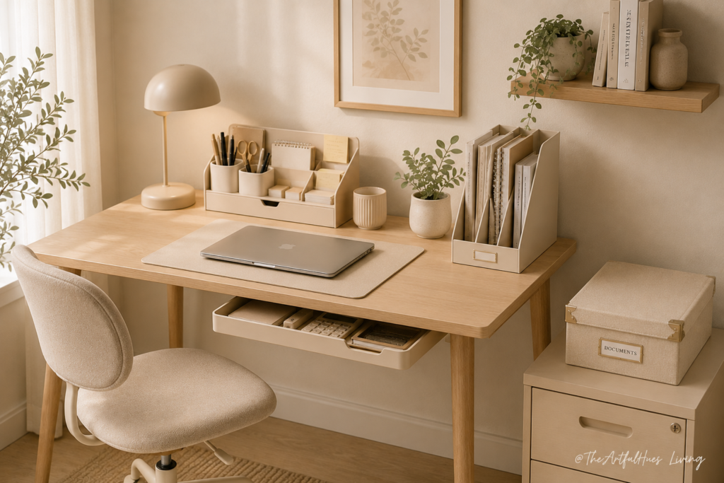 Organised small desk with practical desk organizer ideas