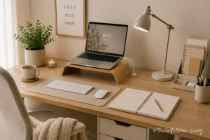 Clean home office desk with organised cable management