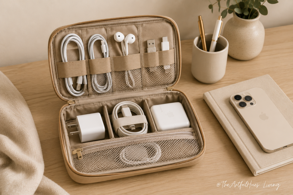 Travel cord organiser with chargers and small tech accessories