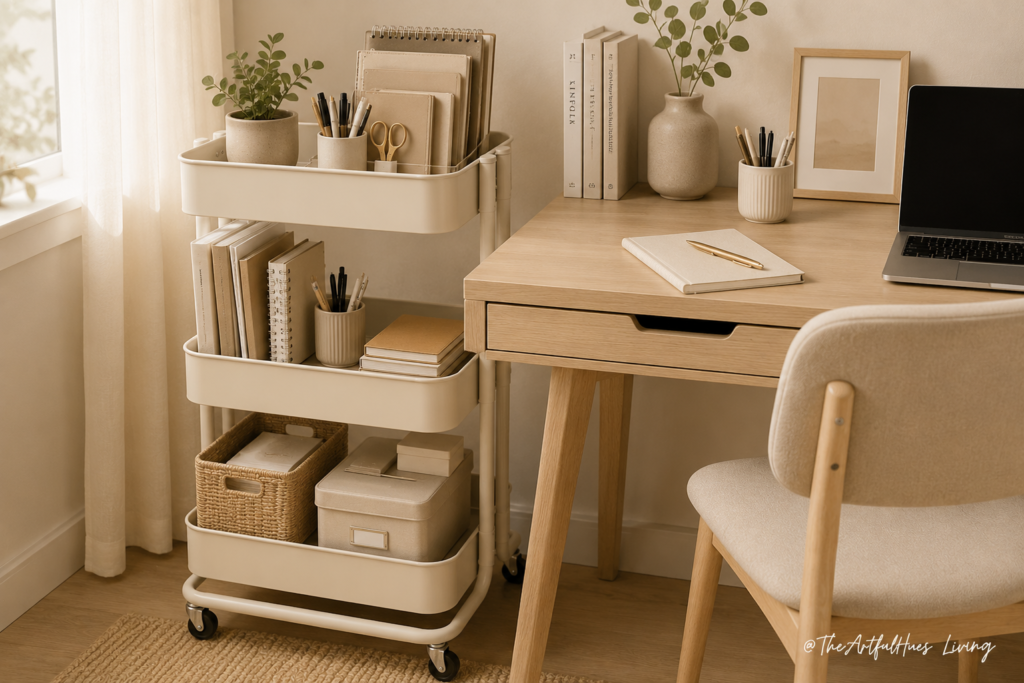 Rolling cart used for small home office storage beside a compact desk
