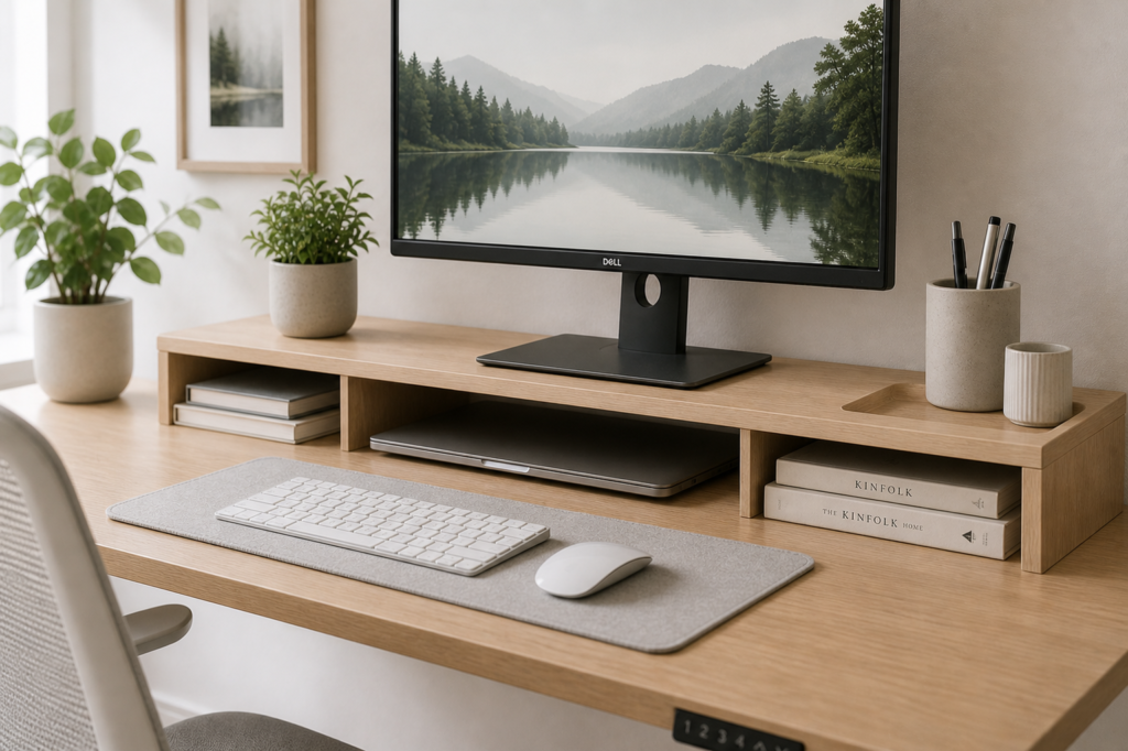 small desk organisation with monitor stand and storage