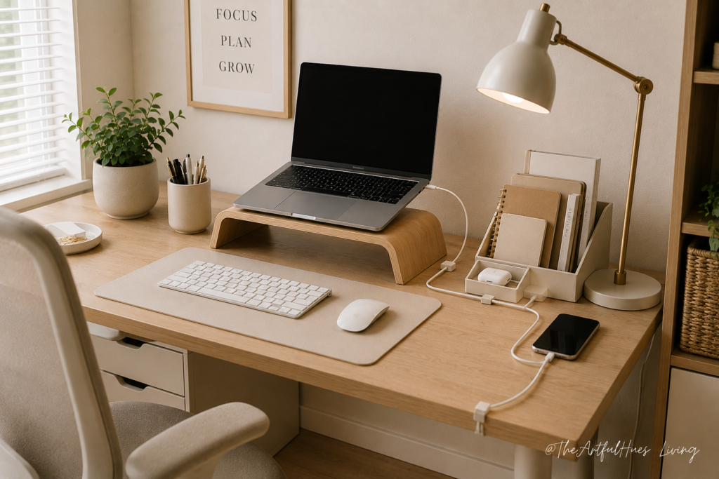 Cable management setup for a neat and organized home office desk. Work from home essentials