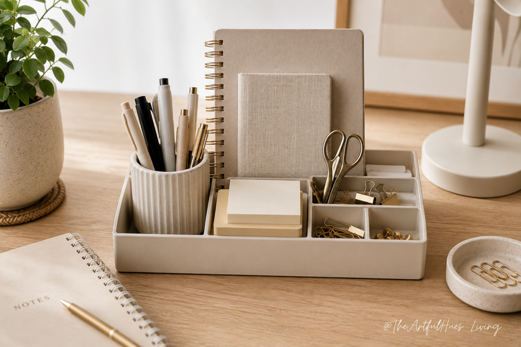 Desk organizer with office supplies for a clutter-free work from home desk