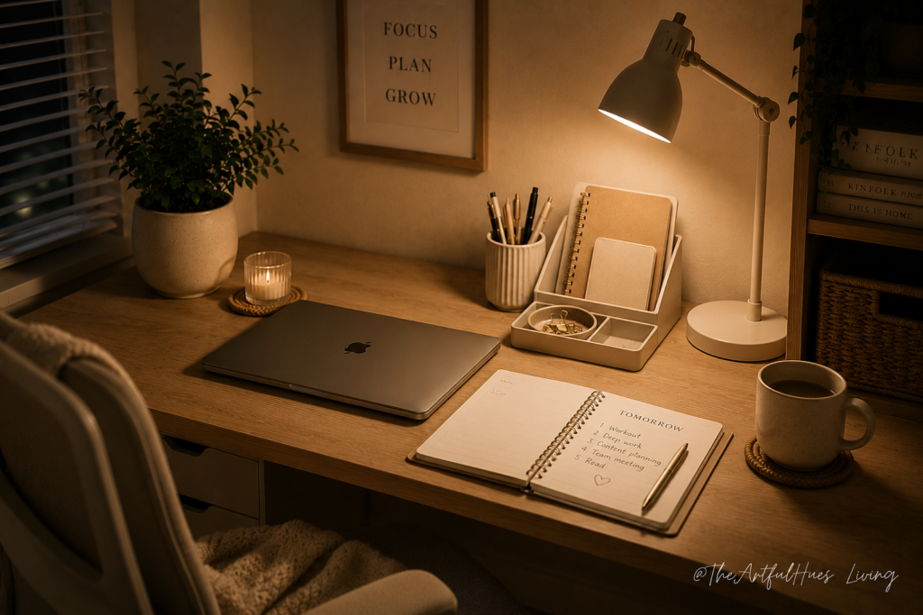 Tidy home office desk reset routine with planner and organized workspace. Work from home essentials