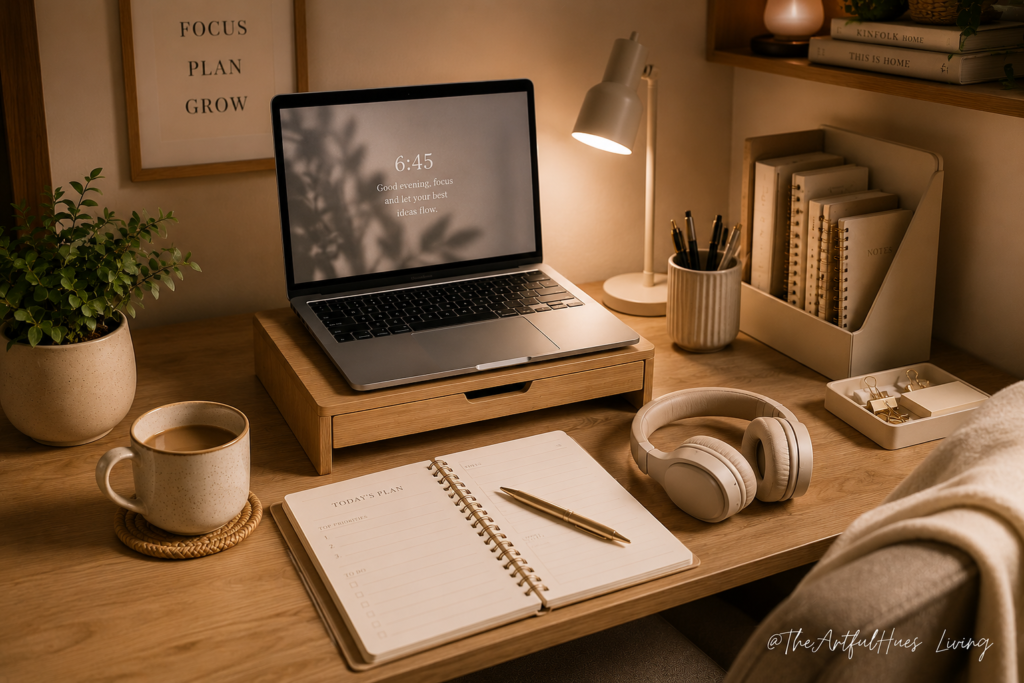 Noise-cancelling headphones on a work from home desk for better focus. work from home essentials