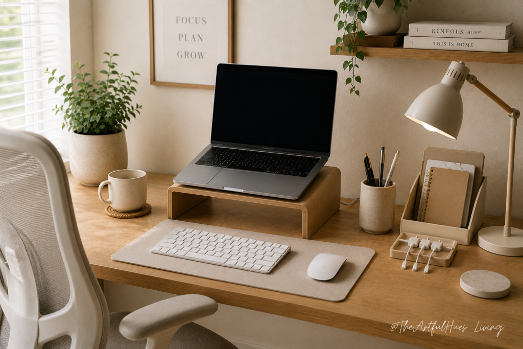 Laptop stand with wireless keyboard and mouse for a comfortable work from home setup