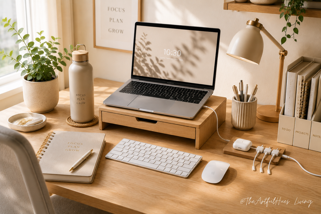 Organized work from home desk setup with laptop stand, desk lamp, planner and productivity essentials