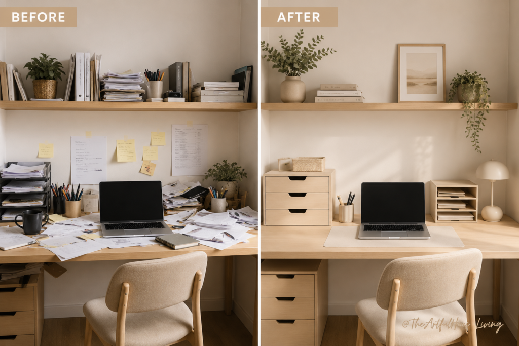 Small desk storage ideas before and after with desktop drawers and paper tray