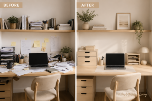 Small desk storage ideas before and after with desktop drawers and paper tray