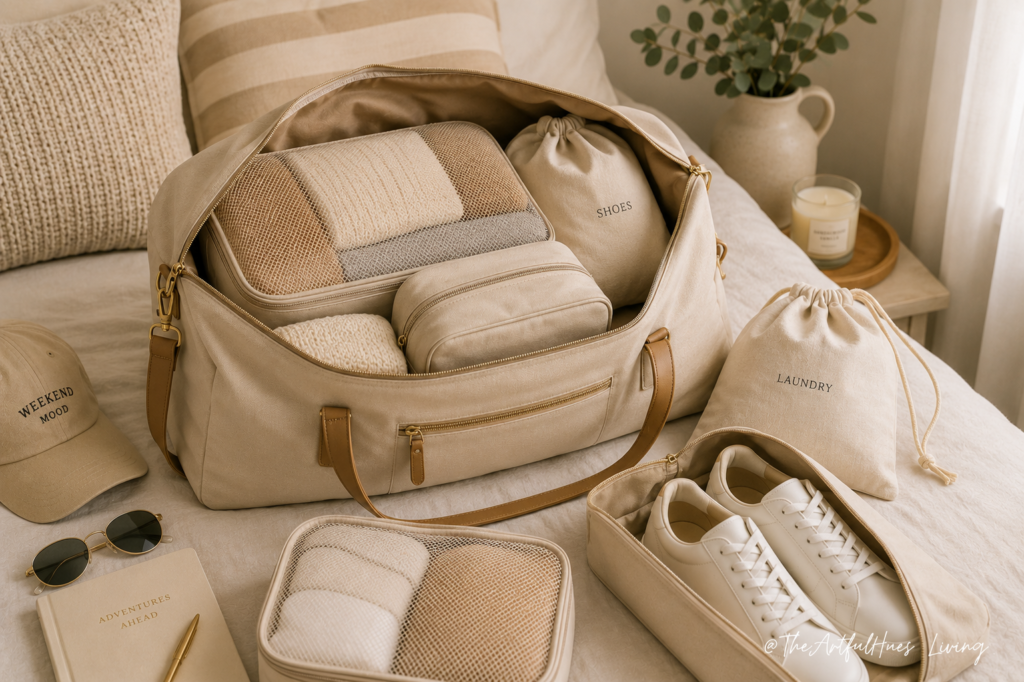 Weekender bag organised with packing cubes, shoe bags and laundry pouch