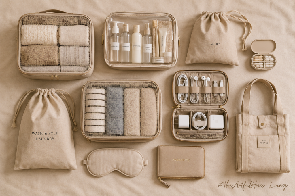 Flat lay of travel essentials that make packing easier for short trips