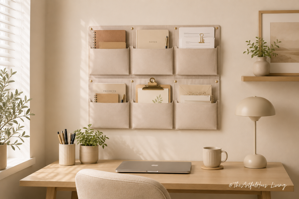 Wall pockets used as vertical storage for a small desk