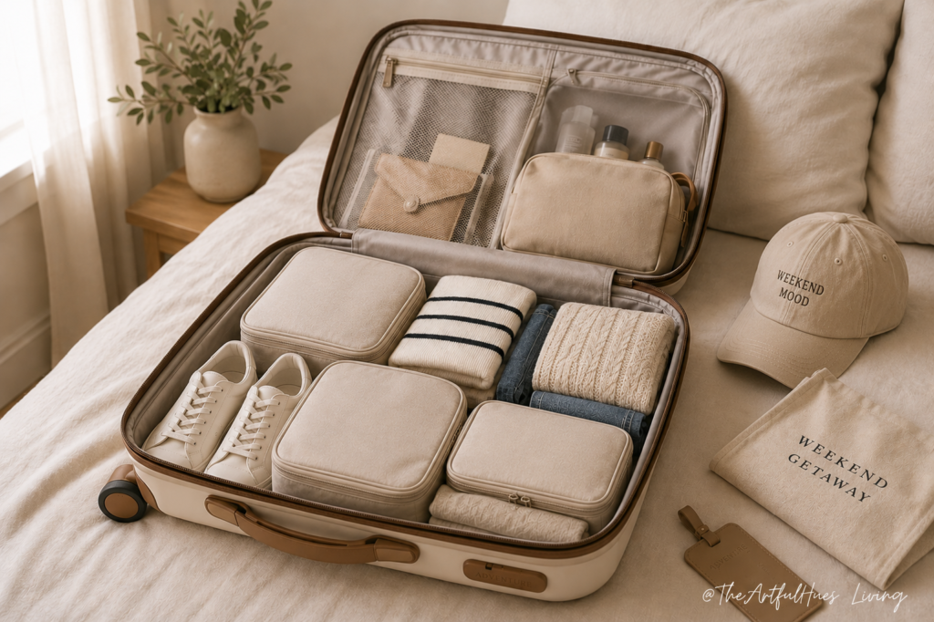 Weekend getaway packing essentials. Weekender bag organised with packing cubes, shoe bags and laundry pouch