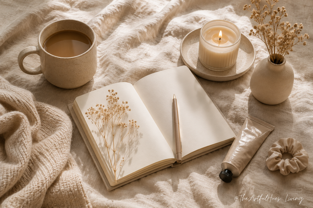 Neutral self-care flat lay with journal, mug, candle, blanket, and hand cream for a calm home routine.