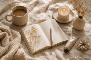 Neutral self-care flat lay with journal, mug, candle, blanket, and hand cream for a calm home routine.