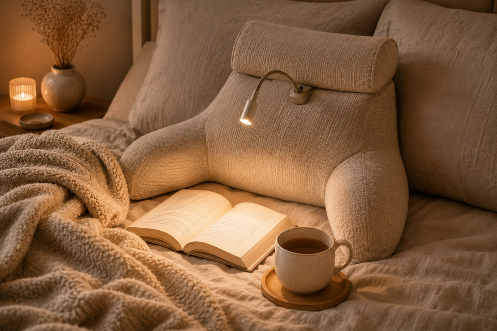 Reading pillow on bed with open book, warm light, mug, and soft throw blanket.