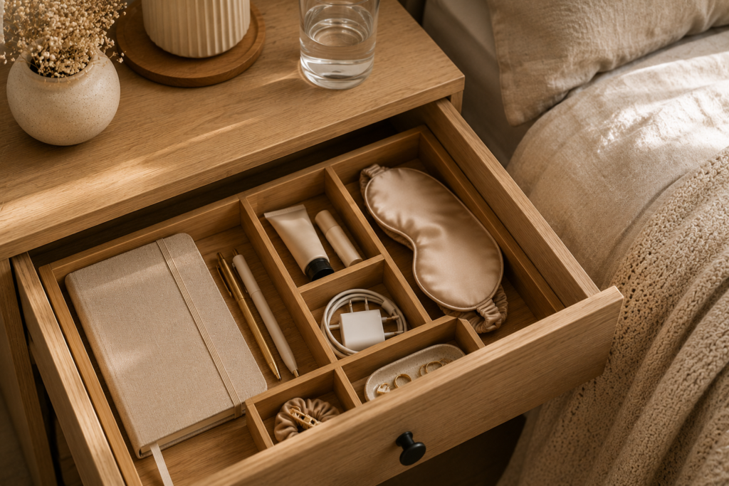 Organised bedside drawer with bamboo dividers, journal, pens, hand cream, charger, and eye mask.