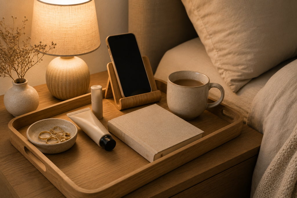 Bedside tray with lip balm, hand cream, jewellery dish, phone stand, book, and lamp.